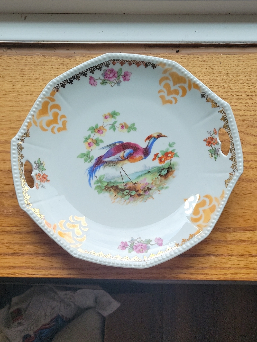 Porcelain Decorative Serving Plate with Colorful Bird Motif - White & Gold